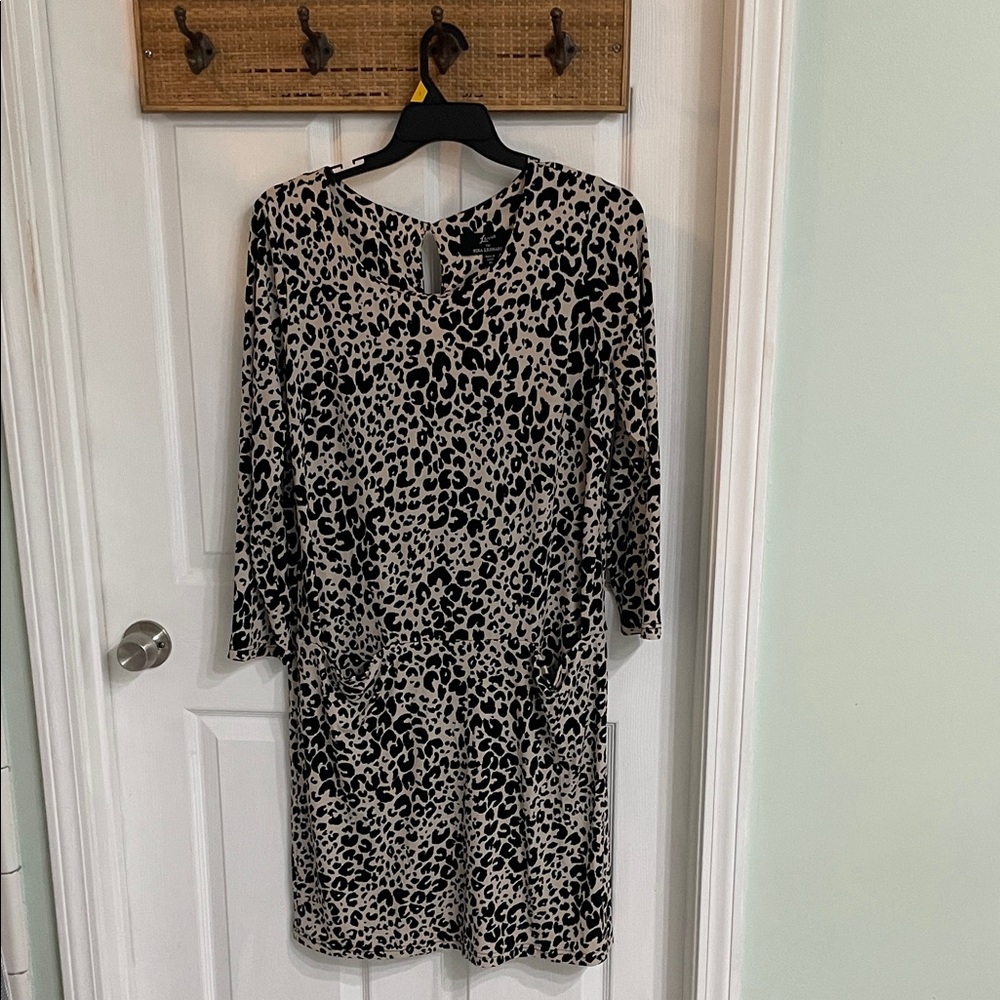 Nina Leonard Black and Cream Animal Print Long Sleeve Dress